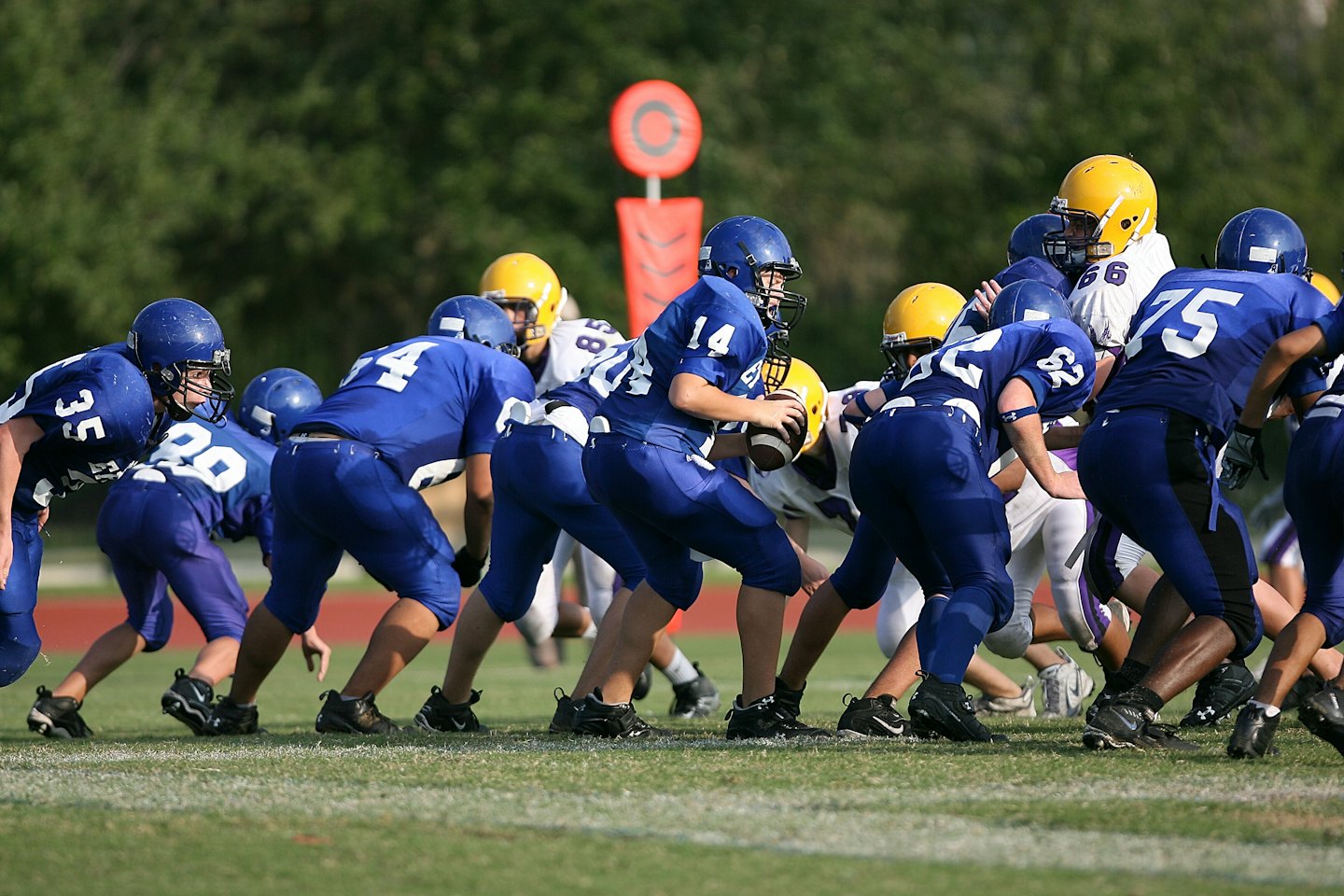 Young football players in blue and white uniforms at the line of scrimmage.